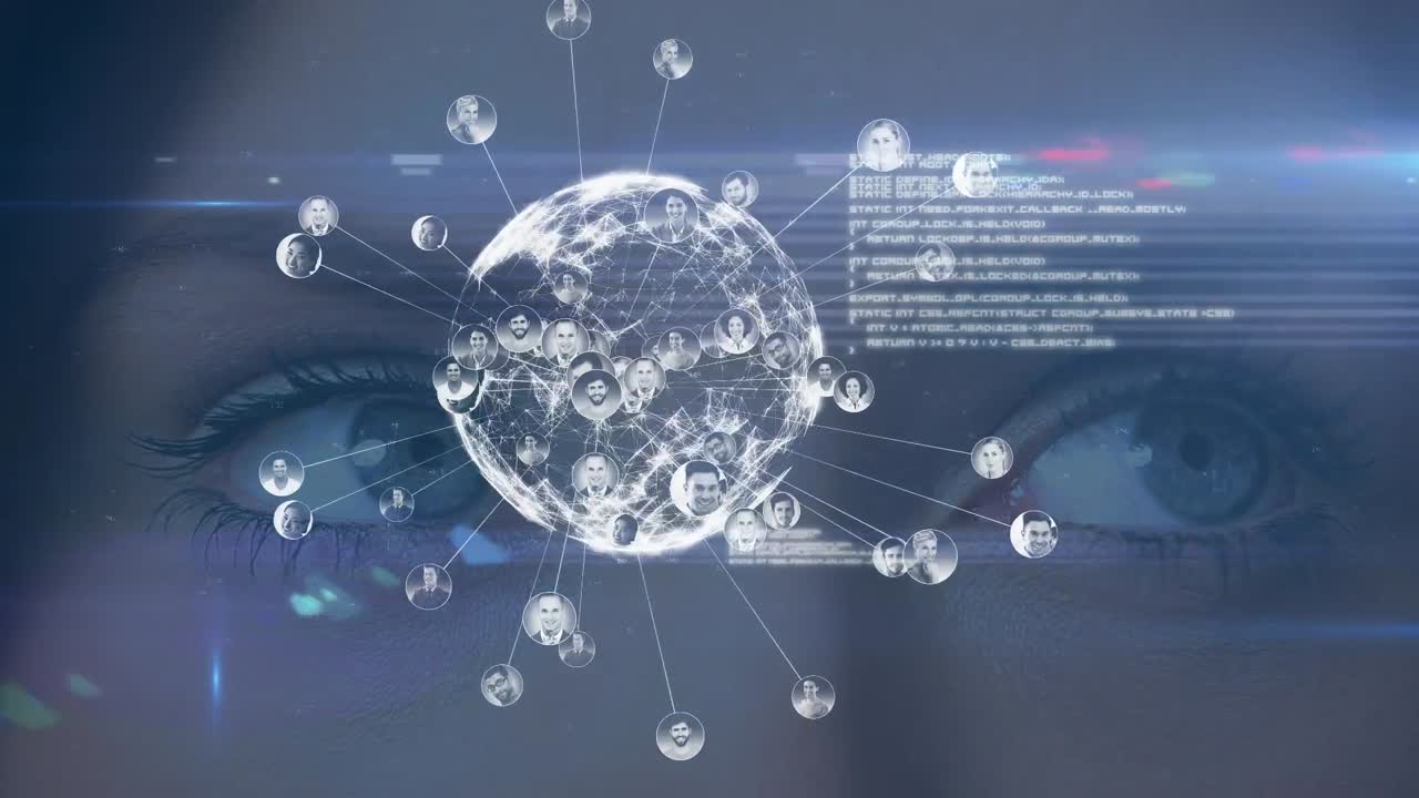 Animation of globe and connections with data processing over woman's face