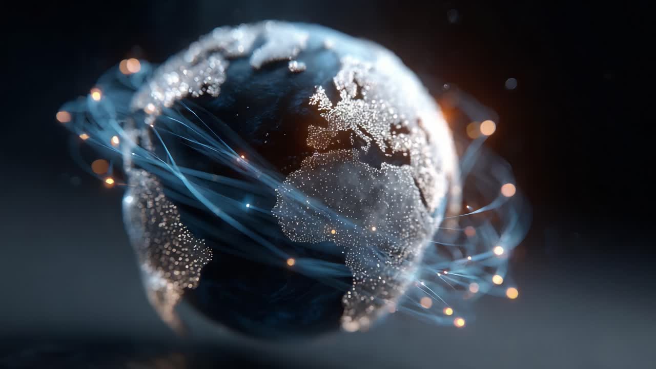 A Stunning Visualization of Earth Highlighting Global Connections and Data Flow Through Illuminated Networks of Light and Energy Around the Globe