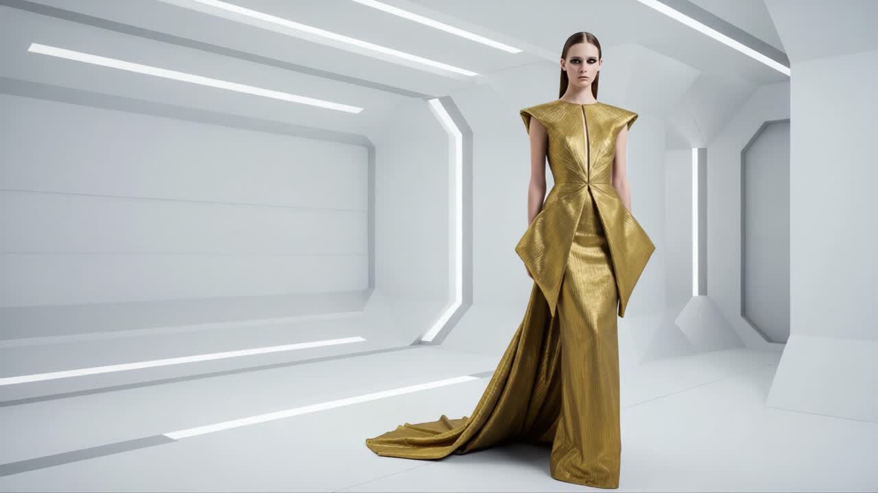 Elegant Model Showcasing a Stunning Golden Gown in a Futuristic Setting, Highlighting the Blend of Fashion and Modern Design Aesthetics