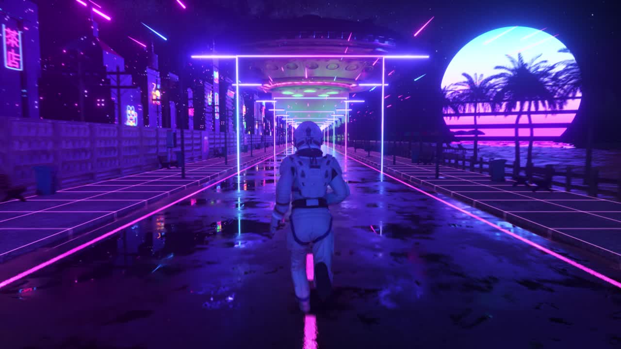 astronauta corriendo a través de una ciudad de playa cyberpunk iluminada con neón