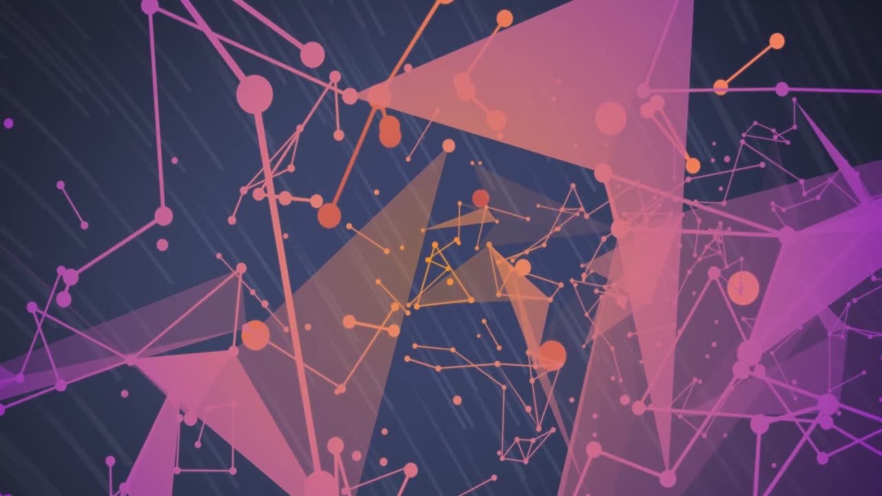 파란색 배경에 대한 보라색 플렉서스 네트워크와 빛 트레일의 애니메이션