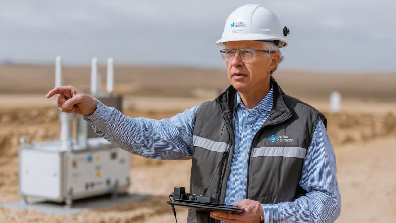 Experienced Professional Conducting Field Assessment with Portable Technology and Monitoring Equipment in an Open Terrain Environment