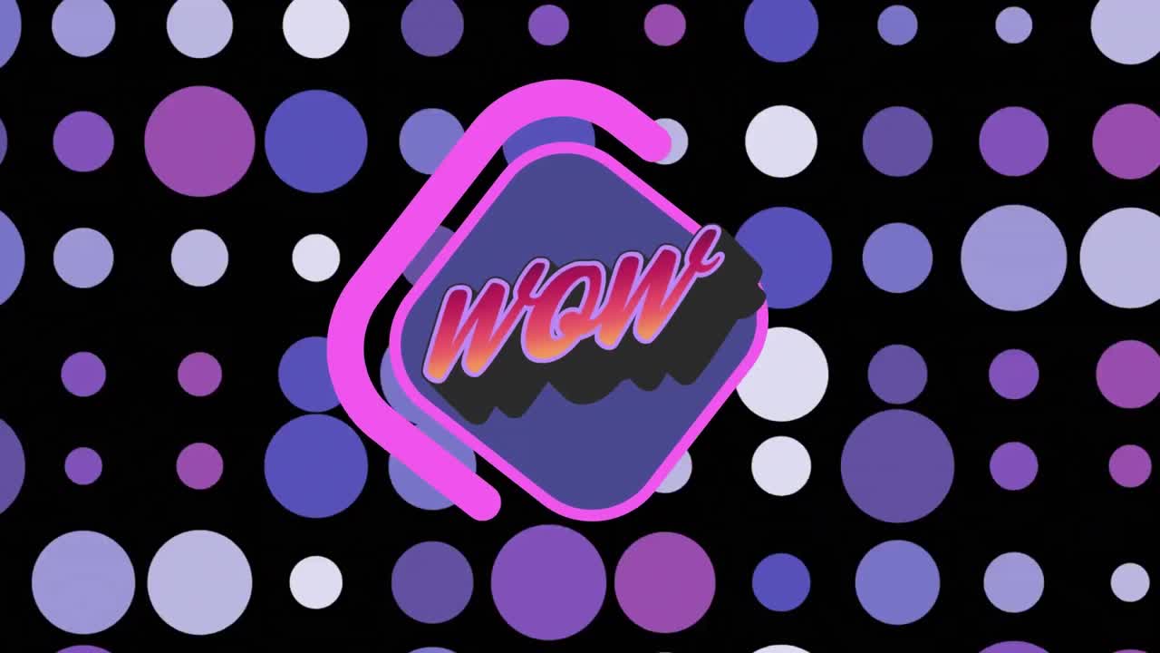 animación digital del texto wow en un banner púrpura contra puntos púrpuras en un patrón sin costuras