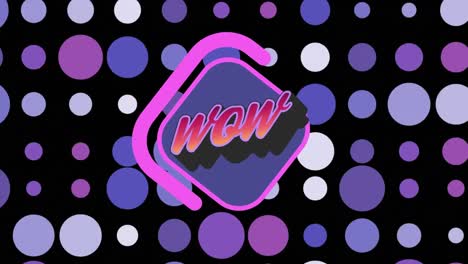 digital animation of wow text on purple banner against purple dots in seamless pattern