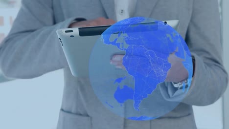 Animation-of-blue-globe-of-connections-over-businesswoman-using-tablet