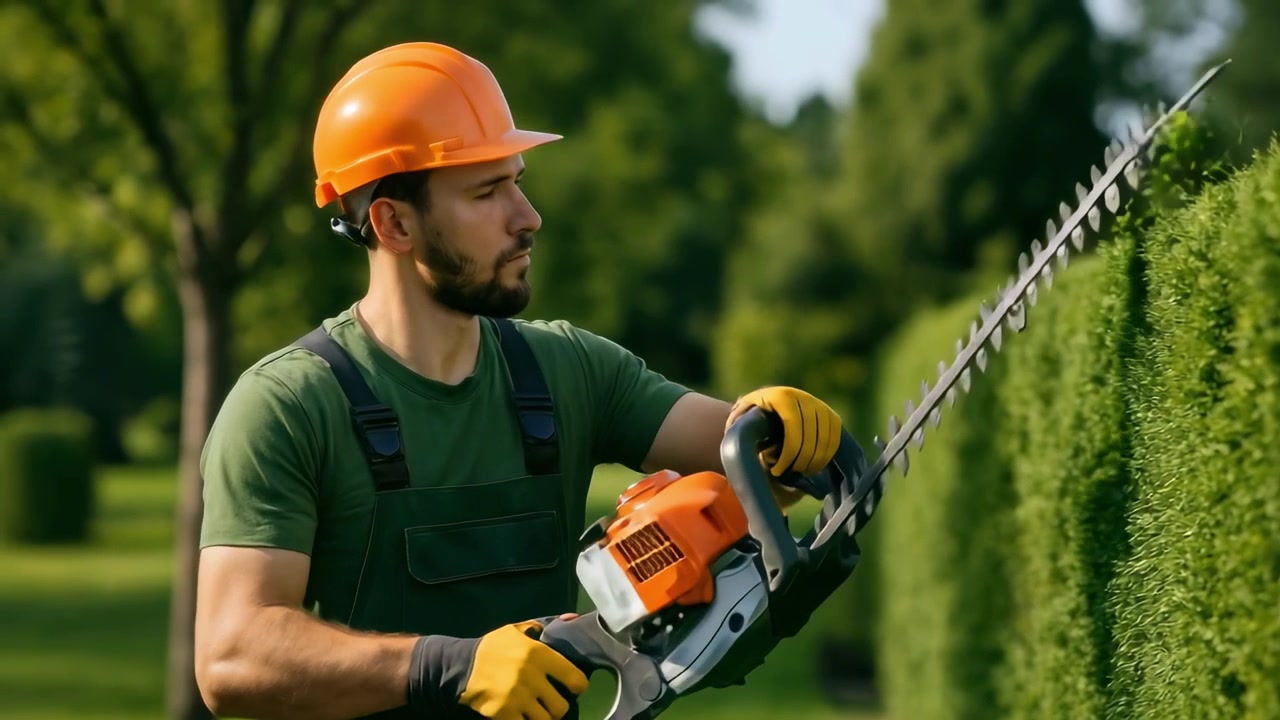 Professional Gardener Trimming a Green Hedge with a Hedge Trimmer