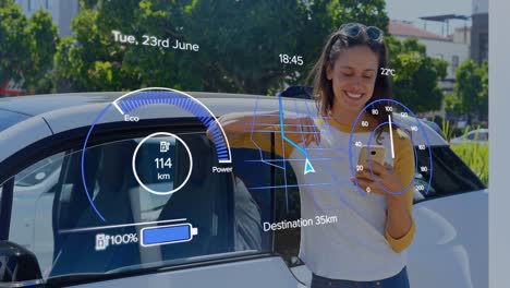 Animation-of-interface-with-charging-battery-icon-and-speedometer-over-woman-with-smartphone