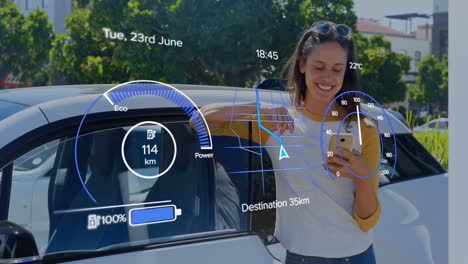 Animation-Der-Benutzeroberfläche-Mit-Ladebatteriesymbol-Und-Tachometer-über-Einer-Frau-Mit-Smartphone