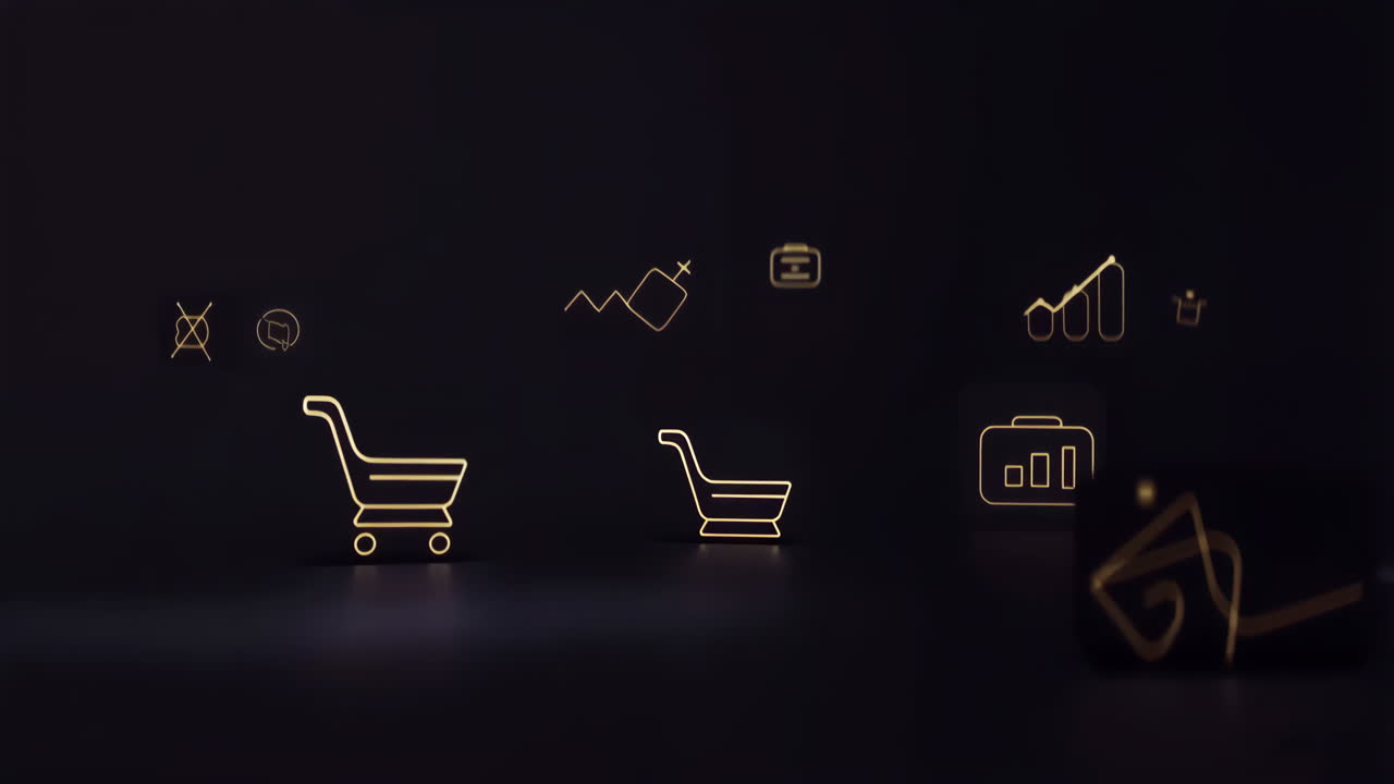 Golden Business and E-commerce Icons on Dark Background