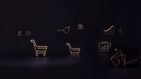 golden business and e-commerce icons on dark background