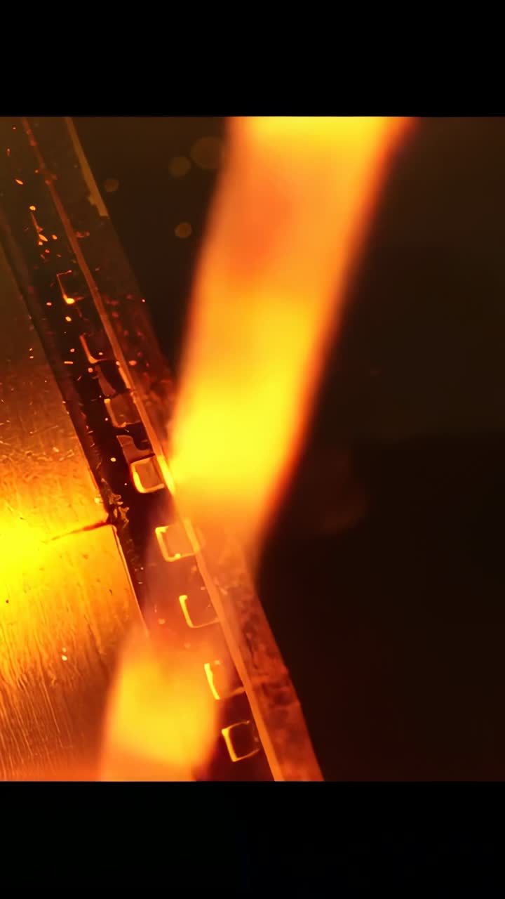 Vertical video: Glowing film edge with holes reacting to torch from right in studio, copy space