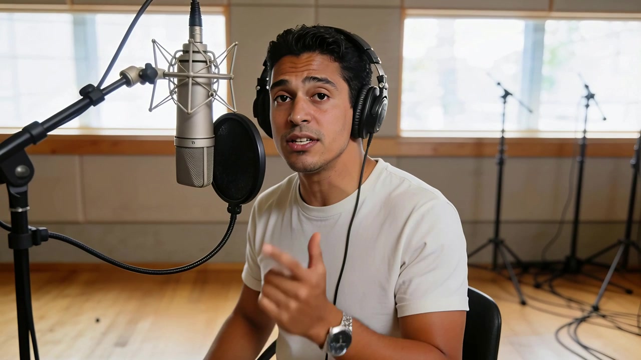 Cantante uomo con cuffie e maglietta che canta in un microfono a condensatore in studio, dopo il segnale di registrazione