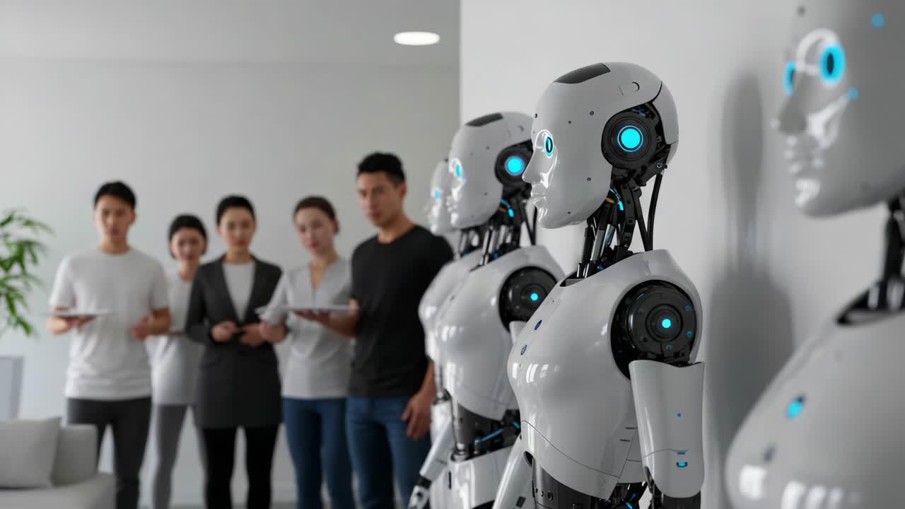 A Group of People Observing Advanced Robotic Assistants: A Glimpse into the Future of Technology and Human Interaction in a Modern Setting