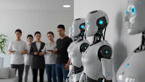 a group of people observing advanced robotic assistants: a glimpse into the future of technology and human interaction in a modern setting