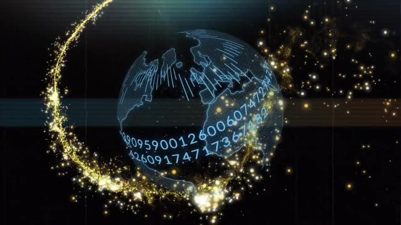 Wireframe globe rotating, golden point emitting stream wrapping globe, visualizing tech digits