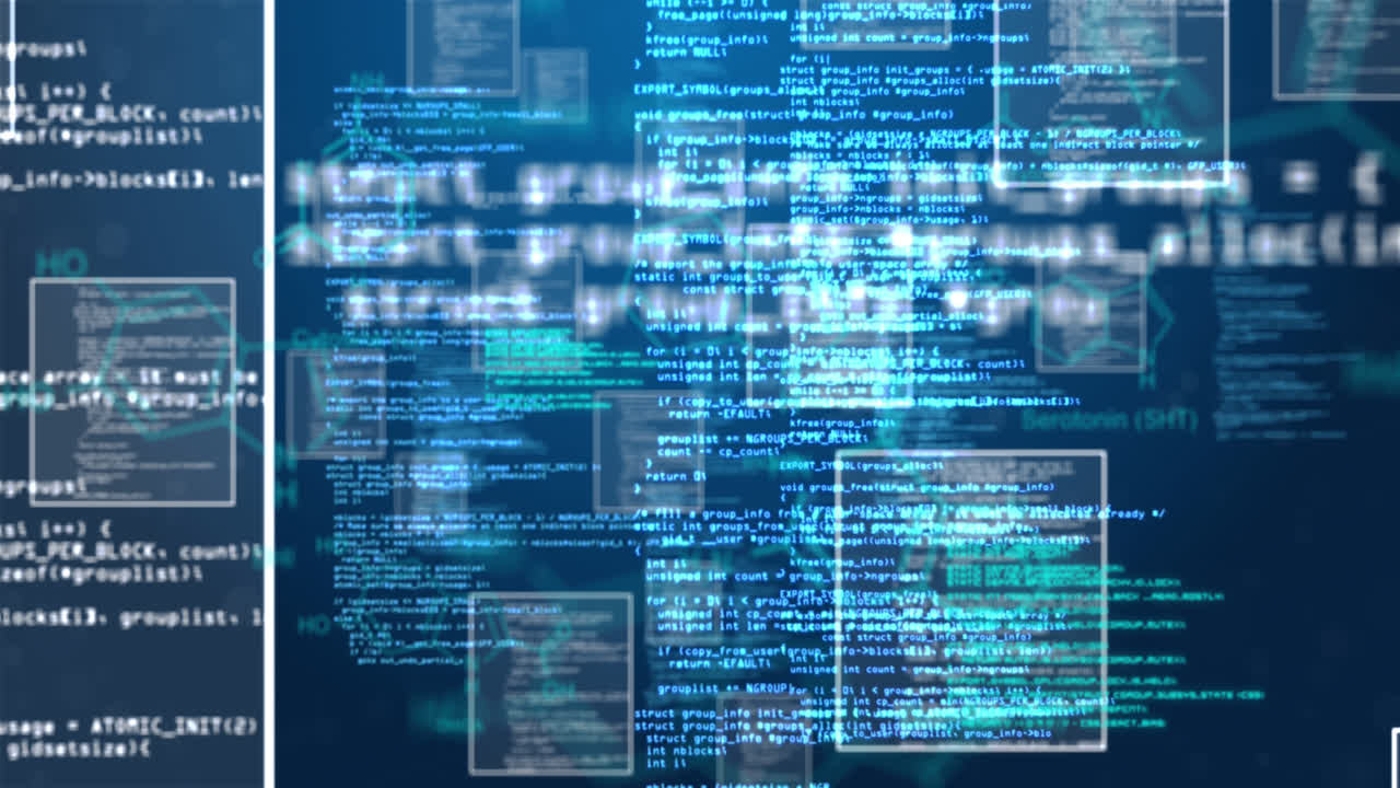 Digital animation of multiple screens with data processing against blue background