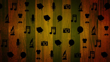animation of black hobby icons moving over striped background