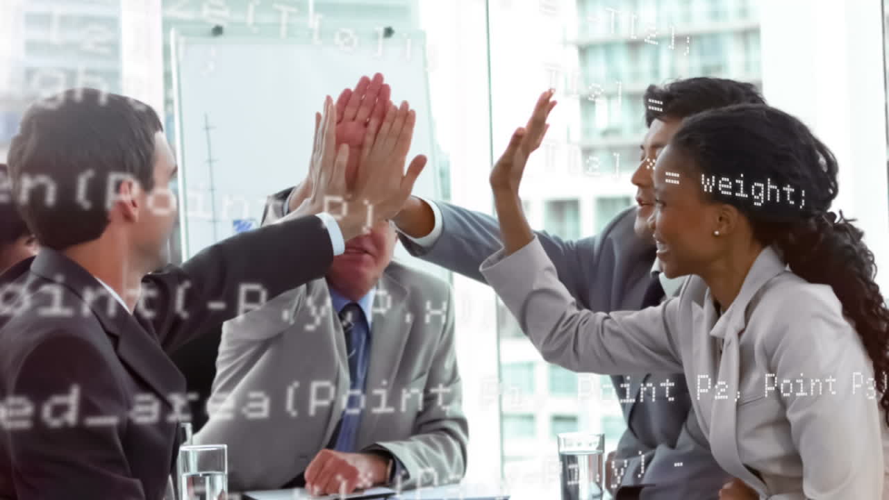 Animation of financial data processing over business people in office