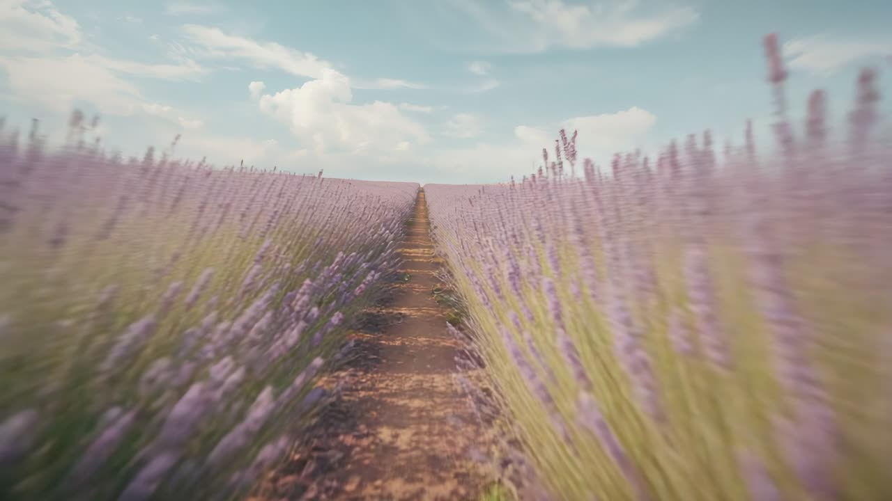 Moving camera forward along pathway in lavender farm, revealing purple blooms drifting in and out