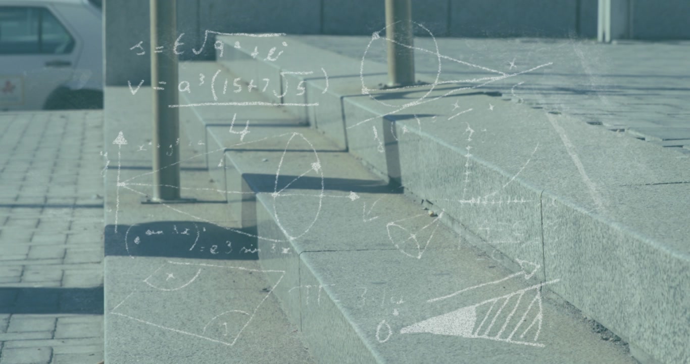 Person stepping onto lowest step initiating white math overlay staying ascending steps to entrance