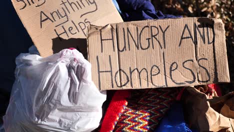 cardboard signs that read "single mom, anything helps" and "hungry and homeless" sitting on pile of stuff