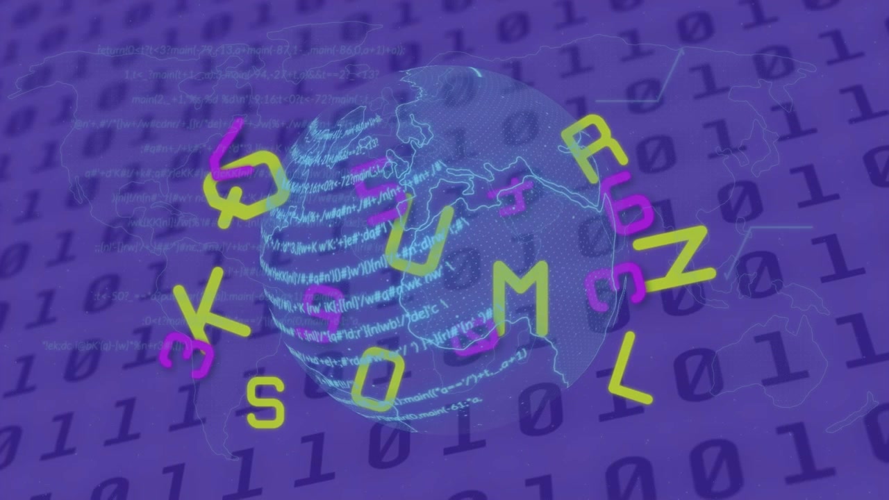 Animation of falling letters and globe over data processing