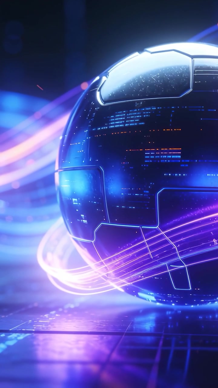 Vertical video: Camera zooming rotating sphere in studio showing panels while neon ribbons orbiting