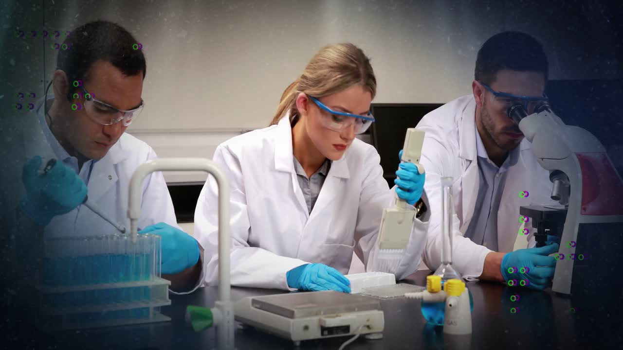 Scientists pipetting samples at lab bench, with animated data charts and molecule icons overlaying