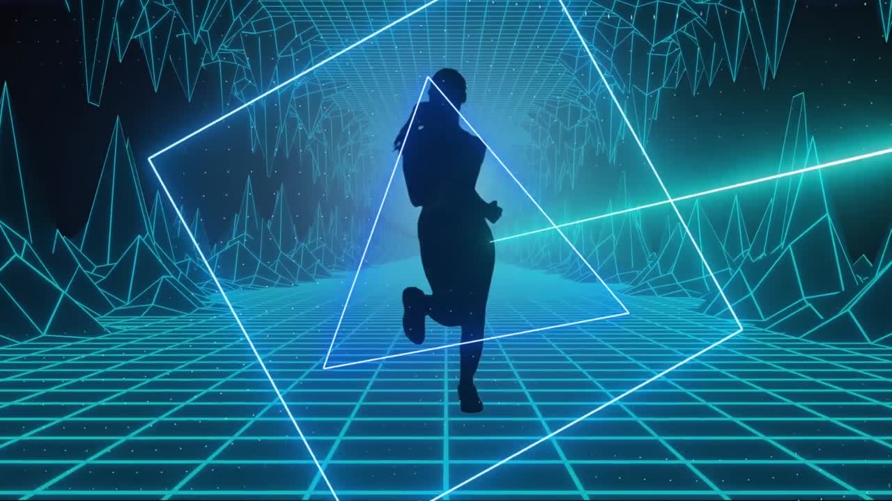 빛나는 그리드 위에서 달리는 실루 ⁇  여성에 대한 네온 스캐너 처리 데이터의 애니메이션