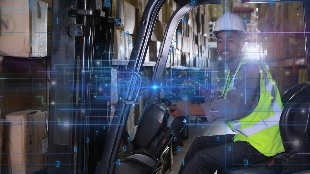 Forklift operator in warehouse checking load and lifting pallet with overlay pulsing guiding lift