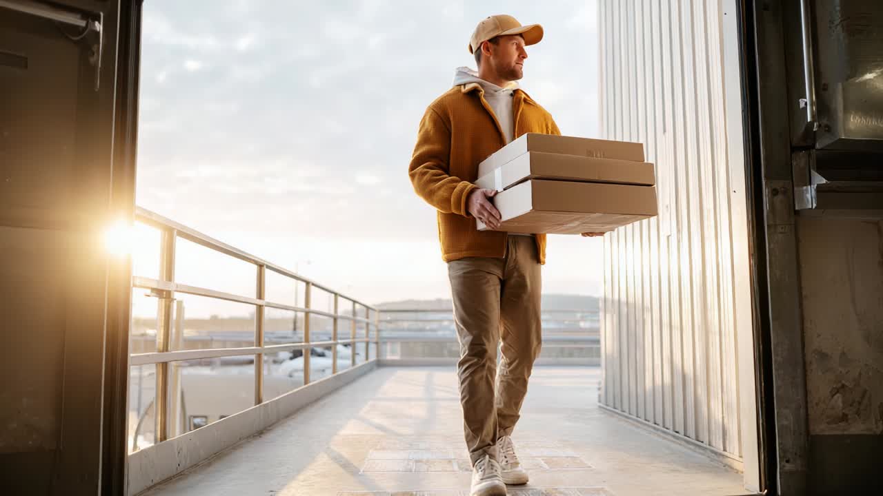 A delivery person carrying stacked cardboard boxes steps out of a building into a bright morning, showcasing the early sunlight and the anticipation of completing their delivery task