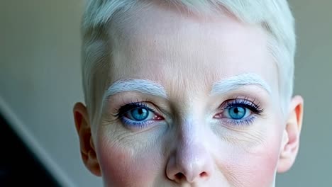 close-up portrait of a woman with white makeup and blue eyes