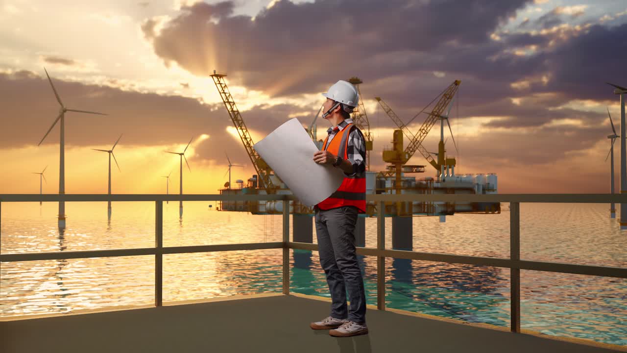 vista lateral completa del cuerpo de un ingeniero masculino asiático con casco de seguridad mirando el plano en sus manos y mirando a su alrededor mientras está de pie con la producción de hidrógeno en alta mar