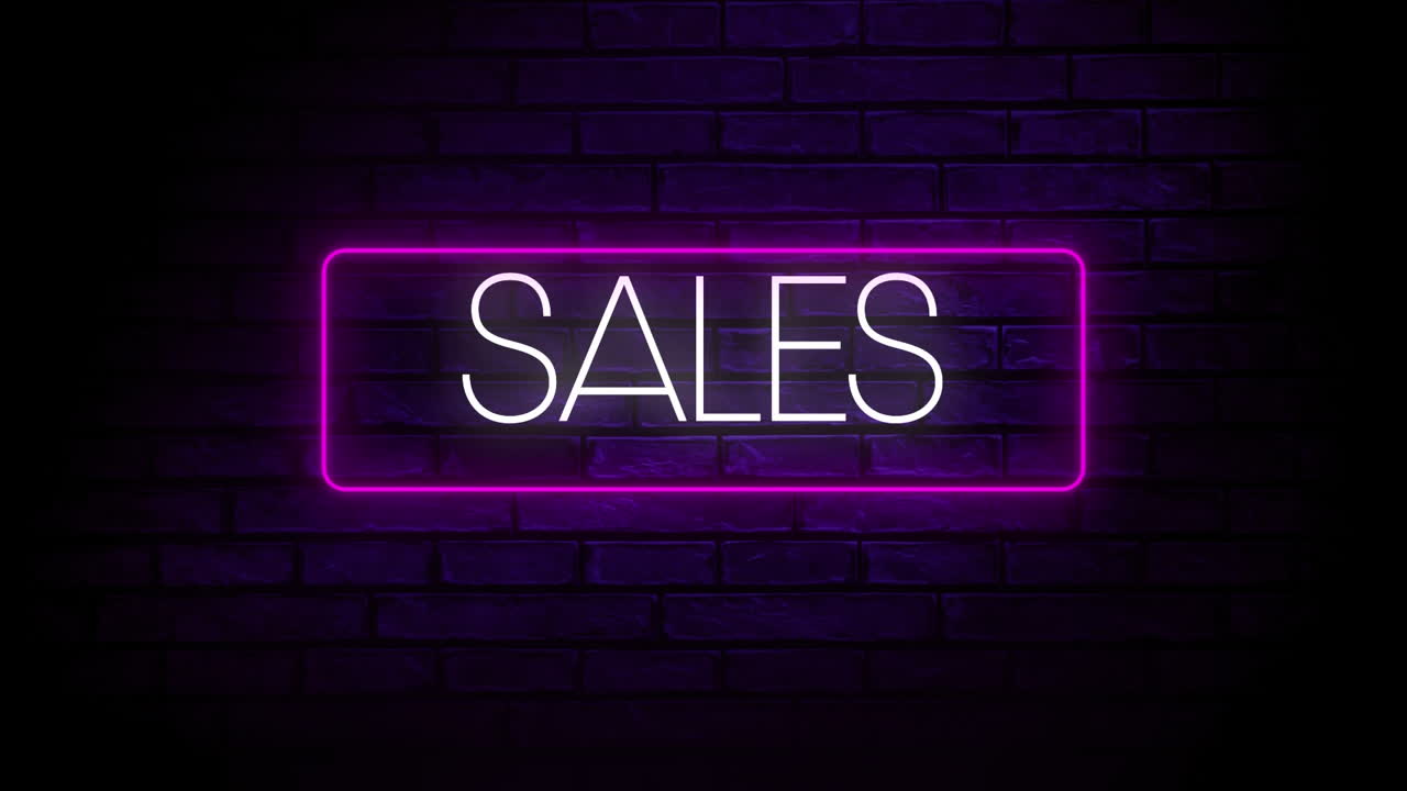 Digital animation af salgstekst i en neon rektangelramme mod en blå murstensvæg i baggrunden.
