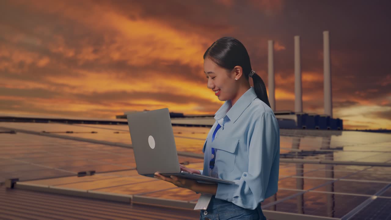 Side View Of Asian Female With Her Laptop, Inspecting Solar Panels on Rooftop at Sunset, Typing On Her Laptop'S Keybaord With Meditation