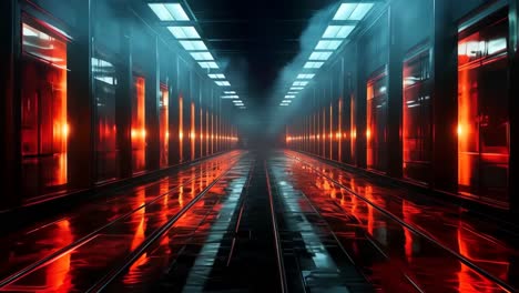 un largo pasillo con luces rojas en el medio