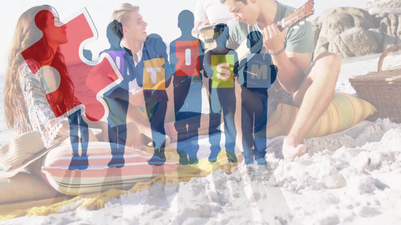 여름 해변 파티에서 행복한 친구들 위에 다채로운 퍼즐 조각과 자폐증 텍스트의 애니메이션