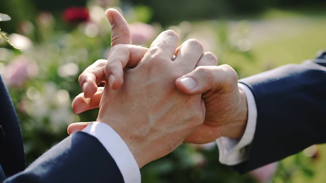 Loosening grip, pair's hands interlacing amid roses, revealing metal band, dark suits, white cuffs