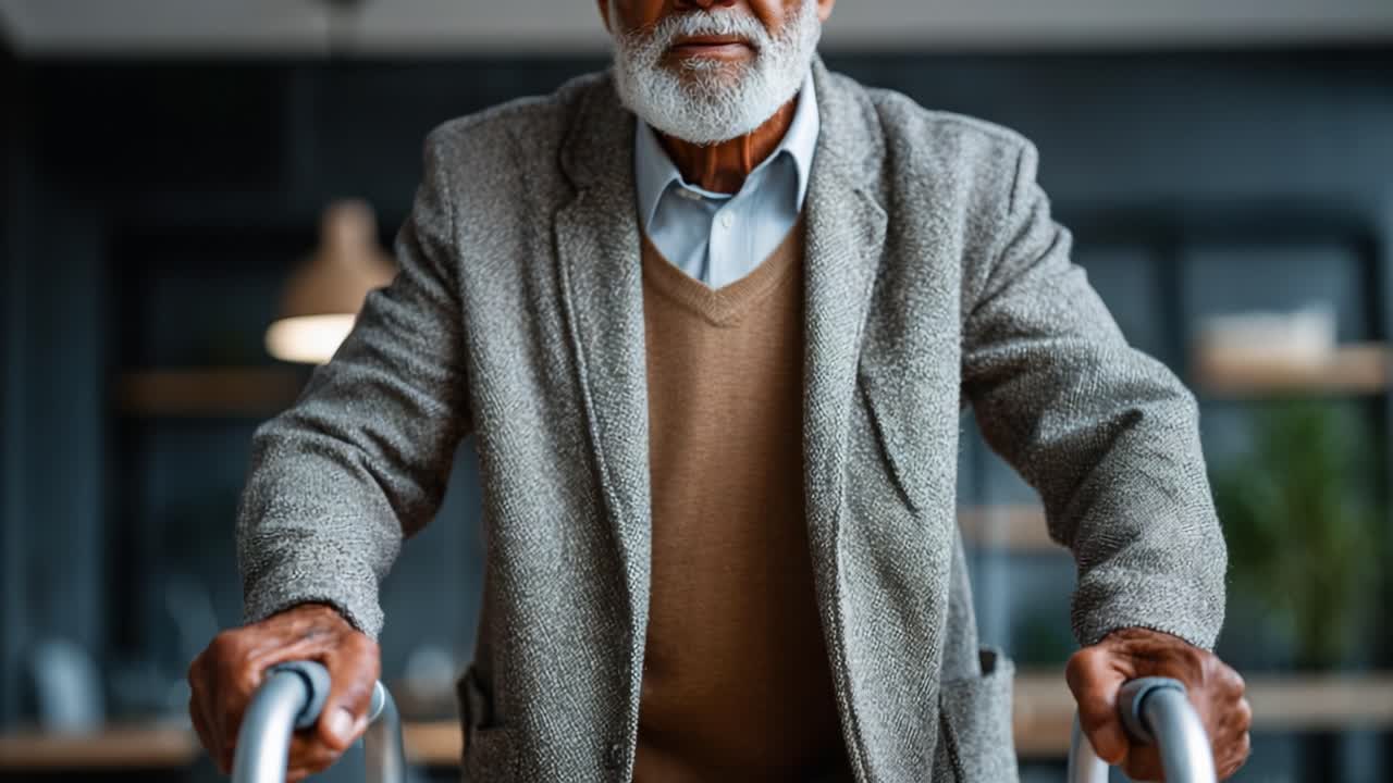 An Elderly Man With a Distinguished White Beard and a Smart Attire Stands Confidently While Using a Walker in a Modern Indoor Space
