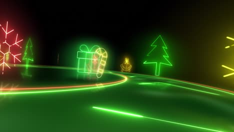 christmas trees, neon glow icon on black background.