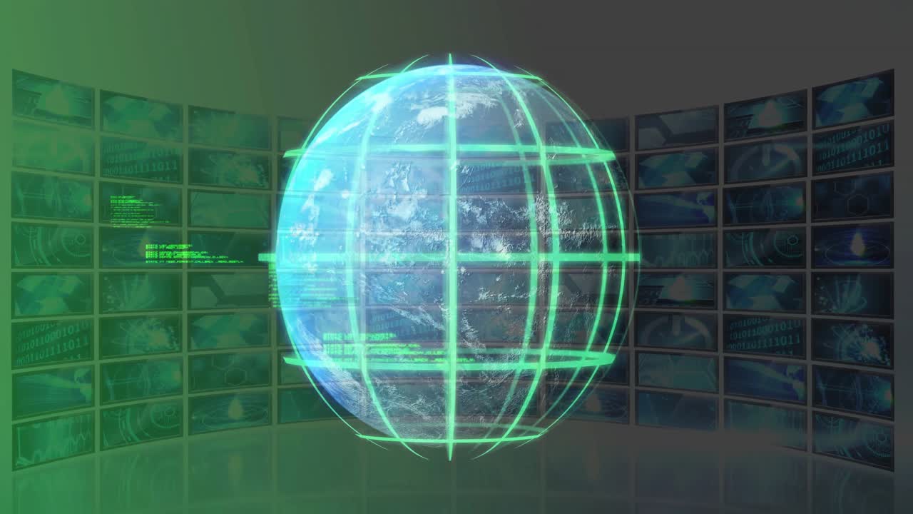 Globo olografico che appare e ruota mentre le sovrapposizioni di codice scorrono per visualizzare dati in tempo reale