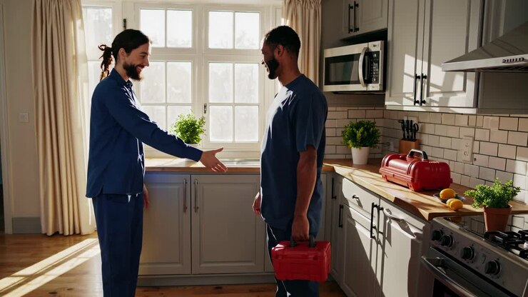 Home Service Technician and Customer Handshake in the Kitchen