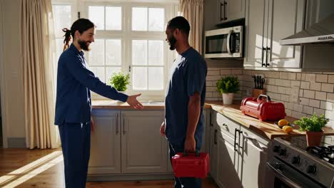 home service technician and customer handshake in the kitchen