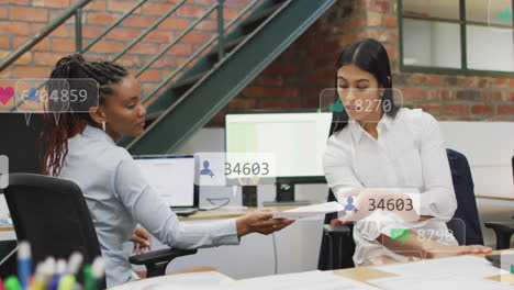 Animation-of-multiple-notification-bars-over-diverse-female-coworkers-discussing-reports