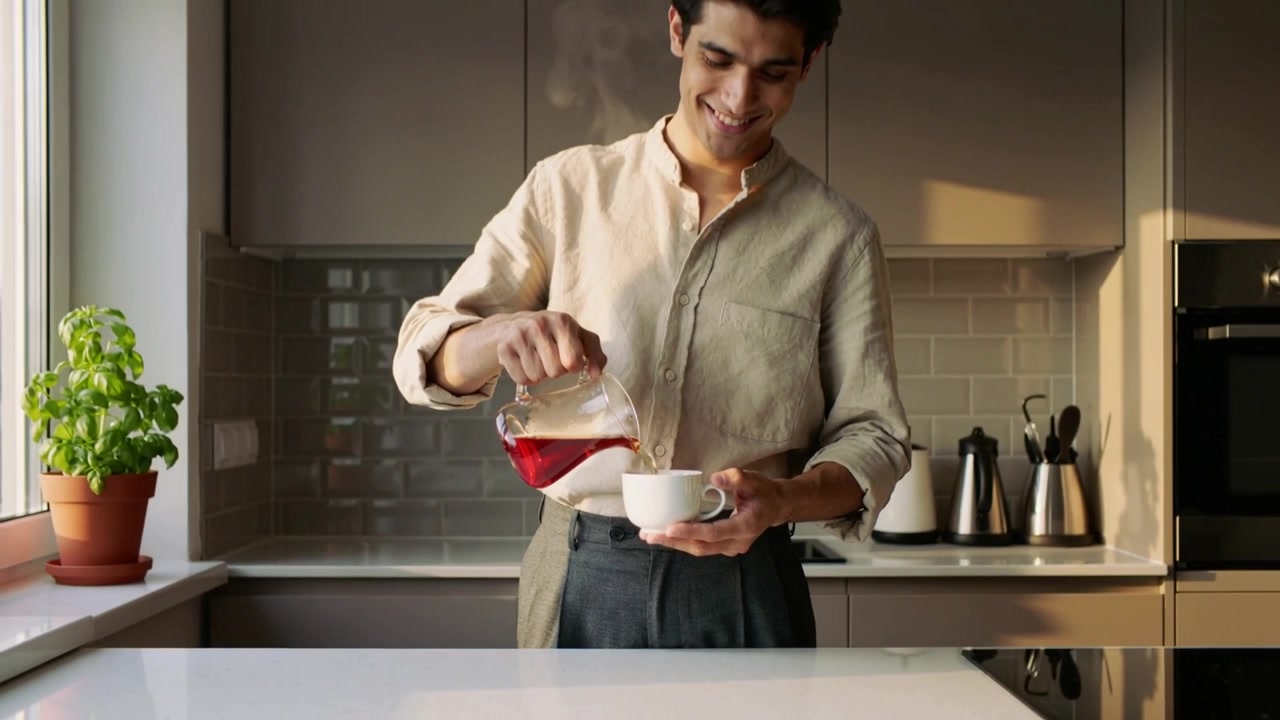 Uomo in camicia beige solleva la caraffa e versa una bevanda calda in una tazza bianca in cucina, preparando da bere.