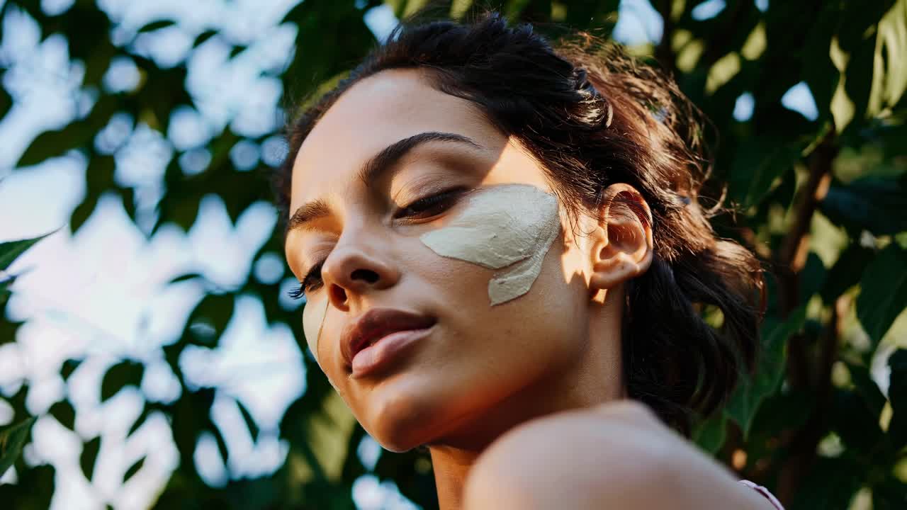 Primo piano di una donna con della crema sul viso, circondata da una vegetazione lussureggiante