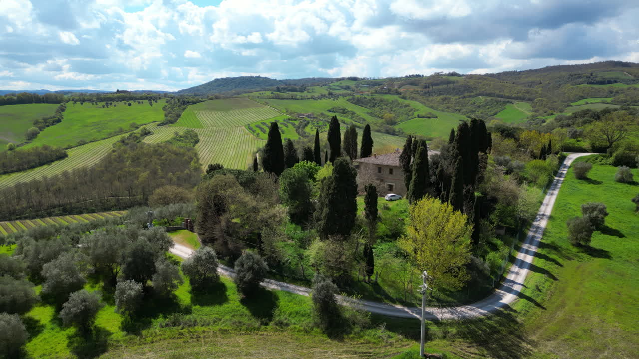 Aerial drone view of the Valdorcia region in Tuscany, central Italy