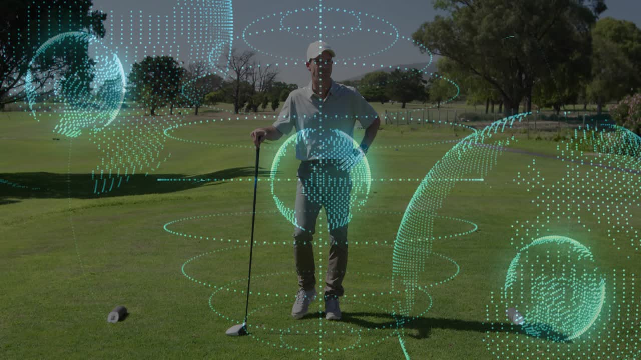 Golfer standing on tee holding driver, shifting weight and activating green AR globes showing shot