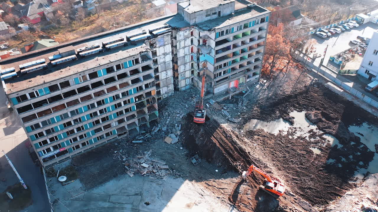 Destructive broken house catastrophe. Dangerous destroyed building after earthquake.