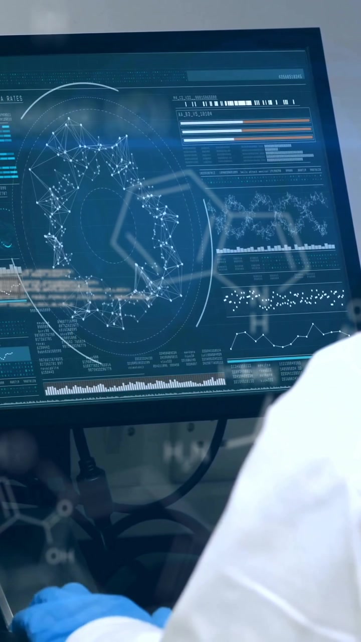 Animation of scientific data processing over caucasian female scientist using computer in laboratory